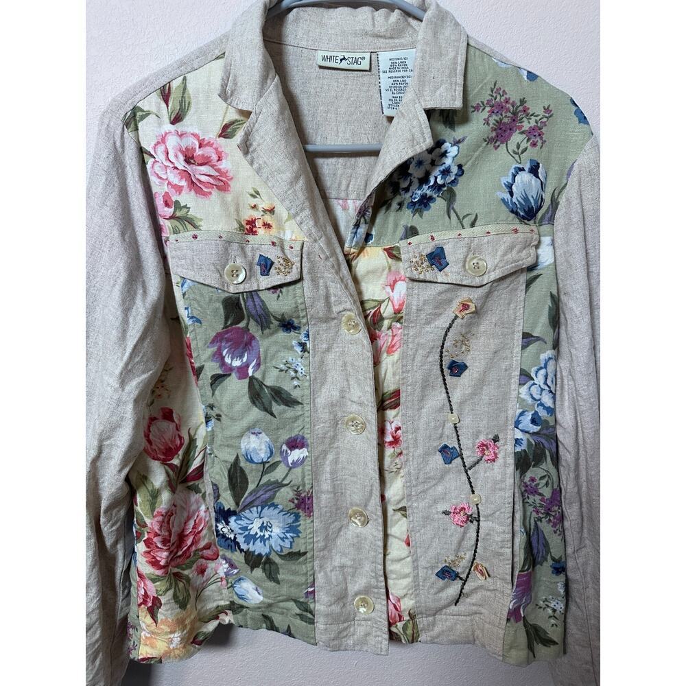 Vintage White Stag Blouse Shirt Women's M Linen Floral Cottage Country Core - Picture 2 of 6